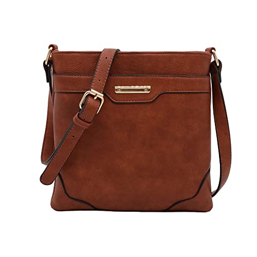 Women’s Medium Size Solid Modern Classic Crossbody Bag with Gold Plate (Brown)