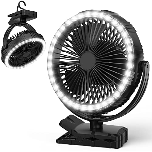 Battery Operated Fan, 10000mAh Camping Fan Battery Powered, 8” Rechargeable Portable Desk Fan for Bedroom Office, Cordless Clip on Fan with Hook, Light for Golf Cart Outdoor Camping Tent RV Car Bed
