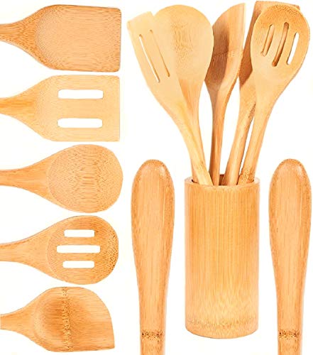 Organic Bamboo Cooking Utensils Set Wide Handle, 6 Piece Set, Wooden Spoons Spatula, Organizer, High Heat Resistant Non Stick, Wood Spoon For Serving Eco-Friendly Biodegradable, Kitchen Gift Idea