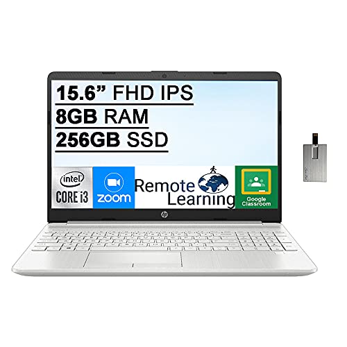 2021 HP 15.6″ FHD IPS Laptop Computer, 11th Gen Intel Core i3-1115G4 (Beats i5-8265U), 8GB RAM, 256GB PCIe SSD, Intel UHD Graphics, HD Webcam, Fingerprint, HDMI, Win10S, Silver, 32GB USB Card