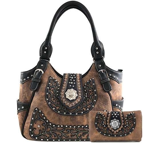 Justin West Concealed Carry Laser Cut Leather Floral Embroidery Rhinestone Berry Concho Studded Shoulder | Tote | Handbag Purse | Messenger Crossbody | Trifold Wallet (Brown Concho Purse Wallet Set)