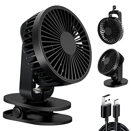 Small Desk Fan – USB Fan with 2 Bases as Desktop Fan, Clip On Fan for Table and Baby Stroller, Portable Rechargeable Clip Fan with 3 Speed and 5000 mAh Battery for Office, Bedroom, Camping, Travel (BLACK)