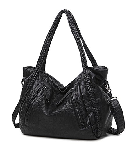 Big Capacity Slouchy Soft Leather Women Black Handbag Shoulder Hobo Bag Lady Tote Purse Crossbody Satchel (Large)