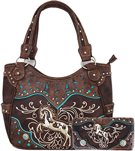 Tooled Leather Laser Cut Concealed Purse Horse Country Western Cowgirl Handbags Shoulder Bags Wallet Set (Coffee)