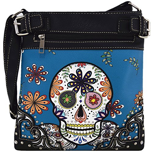 Sugar Skull Day of the Dead Cross Body Handbags Concealed Carry Purses Country Women Single Shoulder Bags (Blue)