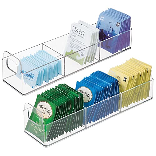 mDesign Kitchen Plastic Pantry, Cabinet, Countertop Organizer Storage Station Tea Caddy Holder – For Beverage Bags, Sweeter, Individual Packets – 12″ x 3″ x 3″ – 2 Pack – Clear