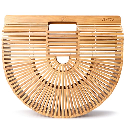 Vintga Bamboo Bags for Women Summer Straw Wooden Beach Purses Basket Handle Handbags (Small)