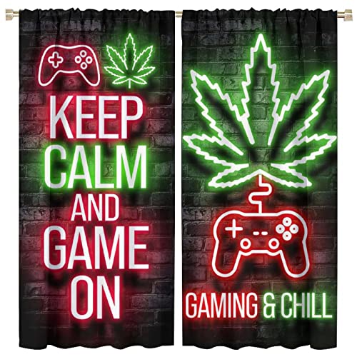 Gamepad Blackout Curtains, Neon Gamer Game Lover Education Themed Gamepad for Boys Teenager Bedroom Living Room 2 Panel Set 63x63in
