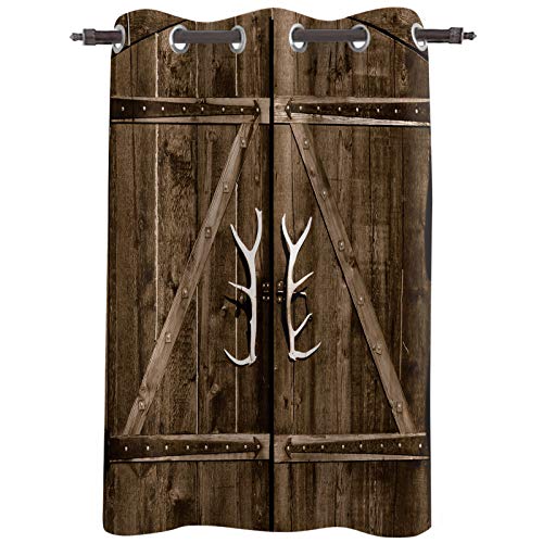 Blackout Window Curtain Buckhorn Door Knob Brown Wood Grain,Thermal Insulated and Noise Reduction Privacy Drape,Farmhouse Vintage Wooden Plank Window Treatment for Bathroom/Living Room 52x90In