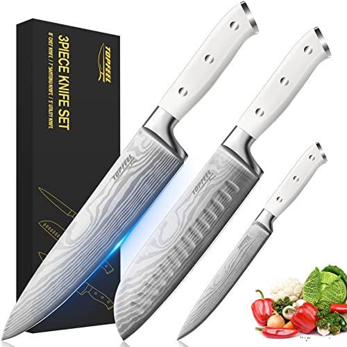 Professional Chef Knife Set 7CR17MOV German High Carbon Stainless Steel Japanese Knives 3PCS – 8″ Chef’s Knife & 7″Santoku Knife& 5″ Utility Knife, White Sharp Kitchen Knife Set with Gift Box