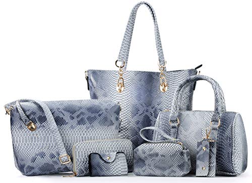 HOXIS Pack of 7 Bags Women Multi-purpose Classic Design Patent Purse Leather Leatherette Shoulder Handbag (Light Color Snake Pattern)