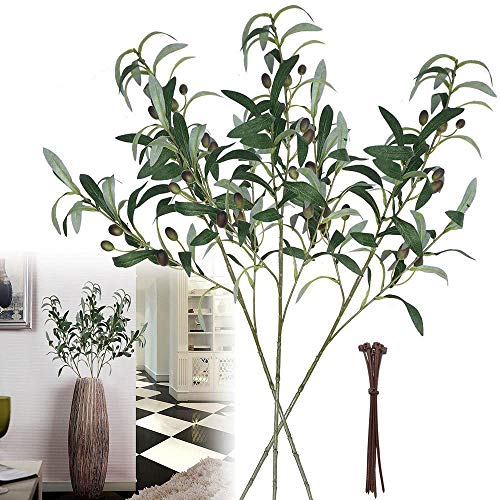 Artificial Plants Greenery Olive Branches Stems Fake Plants Green Leaves Fruits Branch Leaves for Home Office ndoor Outside DIY-Wreath Decor 28-Inch (3pcs)