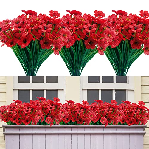 SOFYOURS 16 Bundles Artificial Flowers Outdoor UV Resistant Fake Flowers No Fade Plastic Plants Garden Porch Window Box (Red)