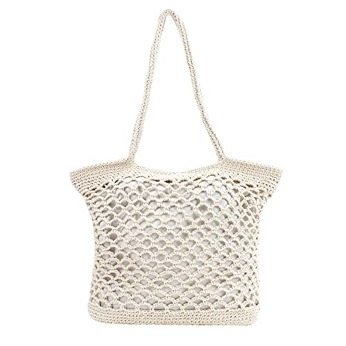 Monique Women Solid Color Hand-woven Crochet Handbag Top-handle Bag Summer Beach Tote Hobo Bag Purse White