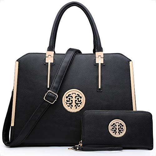Dasein Women Large Handbag Purse Vegan Leather Satchel Work Bag Shoulder Tote with Matching Wallet (Black)