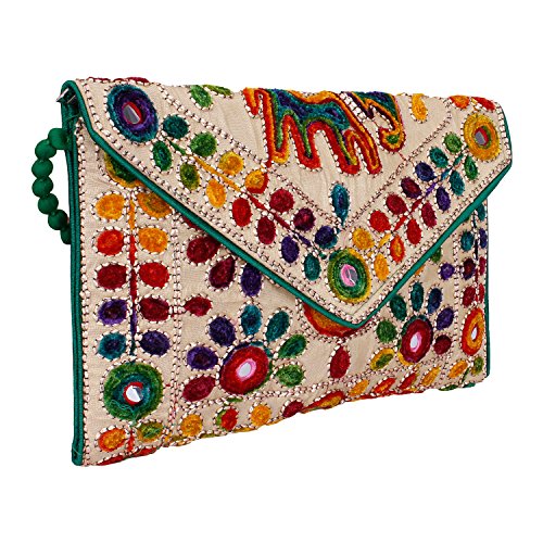 Rajasthani Jaipuri Art Sling Bag Foldover Clutch Purse (Green With Golden Front)- Quality Checked