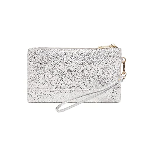 LAM GALLERY Sparkling Glitter Evening Clutch Silver Bride Purse for Wedding Bling Clutch Handbag for Party – Silver Wristlet Style