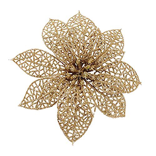 Crazy Night 12Pcs Gold Glitter Poinsettia Artificial Flowers ,Christmas Tree Decorations,Wedding Xmas New Year Wreath Ornaments
