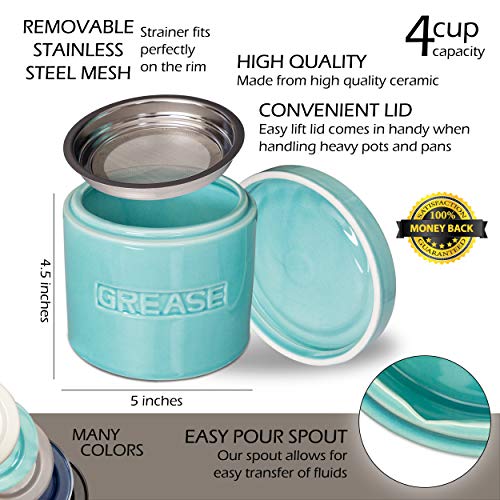 AQUA Bacon Grease Oil Container Storage Can Keeper w/Stainless Strainer Pour Spout Ceramic Porcelain Stoneware Fat Separator Filter Multiple Colors | The Storepaperoomates Retail Market - Fast Affordable Shopping