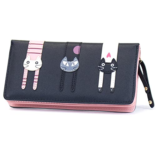 Valentoria® Birthday Gifts for Women’s Mini Faux Leather Bifold 3 Cat Design Clutch Wallet (Long Black)