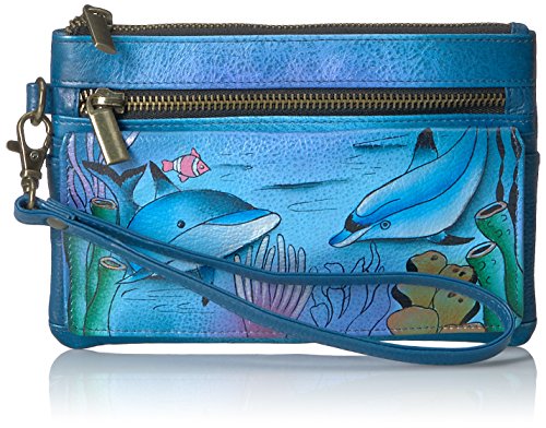 Anna by Anuschka Hand-Painted Genuine Leather Wristlet Organizer Wallet – Playful Dolphin