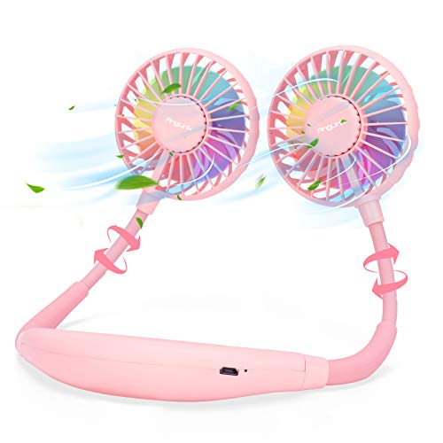 Anglink Portable Neck Fan with Colorful Led Light 360° Rotation – Quiet Hand Free USB Rechargeable Battery Operated Small Personal Fans for Kids Travel Camping Outdoor Office | Pink