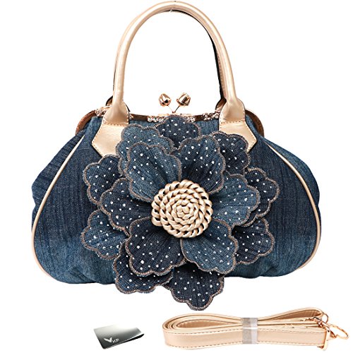 kilofly Women’s Large Flower Denim Satchel Handbag Shoulder Bag + KF Money Clip
