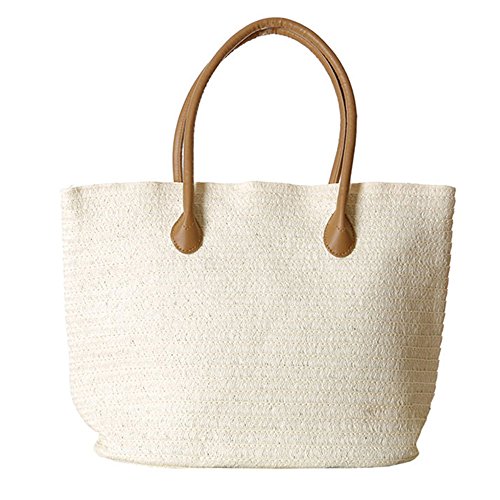Women’s Classic Straw Summer Beach Shoulder Bag Handbag Tote With PU Leather Straps Handmade Purse, White, Medium