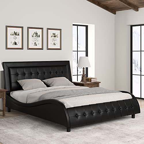 HOOMIC Queen Size Platform Bed Frame with Adjustable Headboard, Upholstered Bed, Mattress Foundation, Wood Slat Support, No Box Spring Needed, Easy Assembly, Black