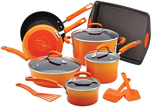 Rachael Ray Brights Nonstick Cookware Pots and Pans Set, 14 Piece, Orange Gradient