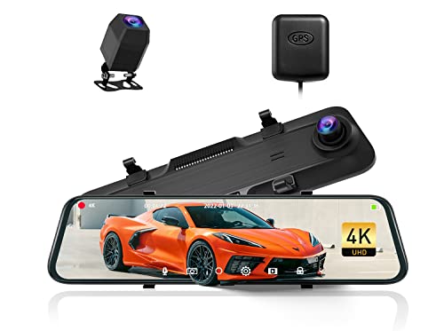 Moplasz 12″ Mirror Dash Cam, 4K Dash Cam Front and Rear Miror, Rearview Mirror Camera with GPS, Touch Screen, Voice Control, Night Vision, Loop Recording, G-Sensor, Parking Monitor/ Assistance