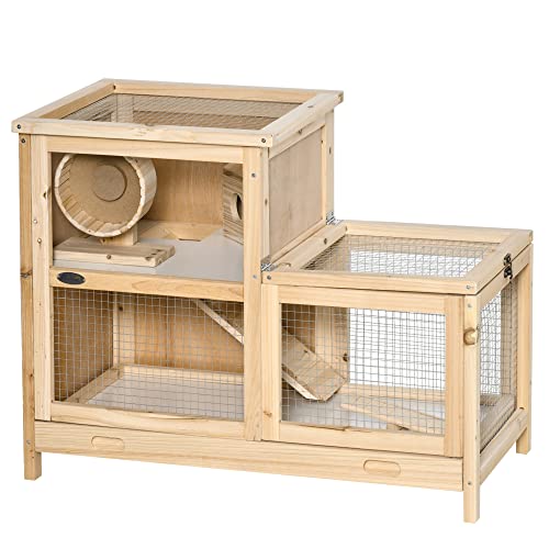 PawHut Extra Large Wooden Hamster Cage with Sliding Tray, Large Hamster Cage Including Seesaw, Small Animal Habitats with Openable Roofs, Wide Ramp for Racing, Running Wheel, Natural