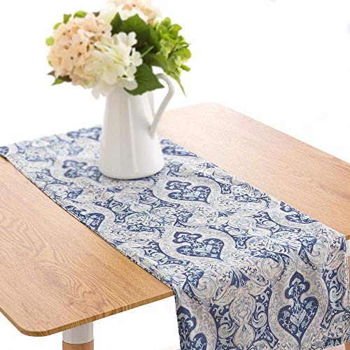 jinchan Kitchen Table Runner Damask Medallion Printed Table Runners for Dining Room Decorative Burlap Flax Linen Table Runner for Dresser Retro Farmhouse Coffee Table Decor 1 Panel 13×72 Inch Blue