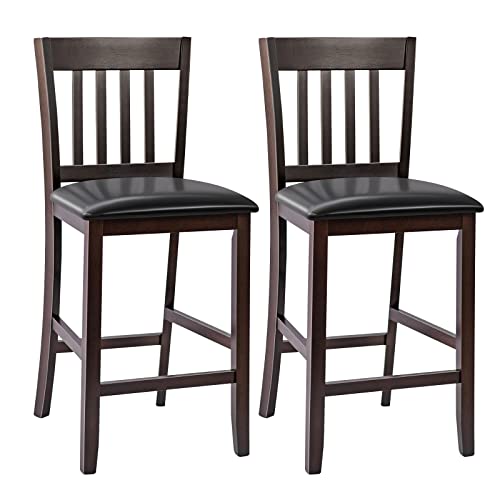 COSTWAY Bar Stools Set of 2, 25” Counter Height Pub Chairs with Rubber Wood Legs, Armless Bar Chairs with Elastic Cushion & PU Cover for Kitchen, Living Room, Bar, Fit Residential Use (2)