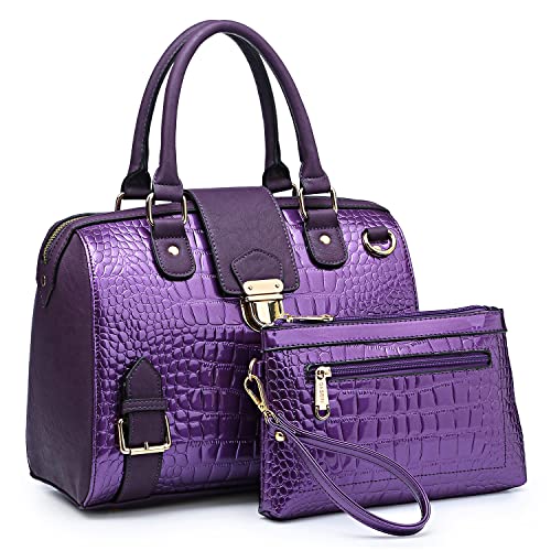 Dasein Women Barrel Handbags Purses Satchel Bags Top Handle Shoulder Bags Vegan Leather Work Bag (Crocodile Purple + Clutch)