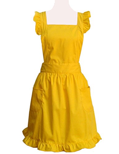 Hyzrz Lovely Yellow Handmade Cotton Retro Aprons for Women Cake Kitchen Cook Apron with Pockets for Gift