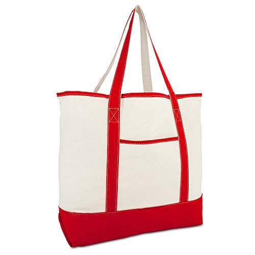 DALIX 22″ Extra Large Shopping Tote Bag w Outer Pocket in Red and Natural