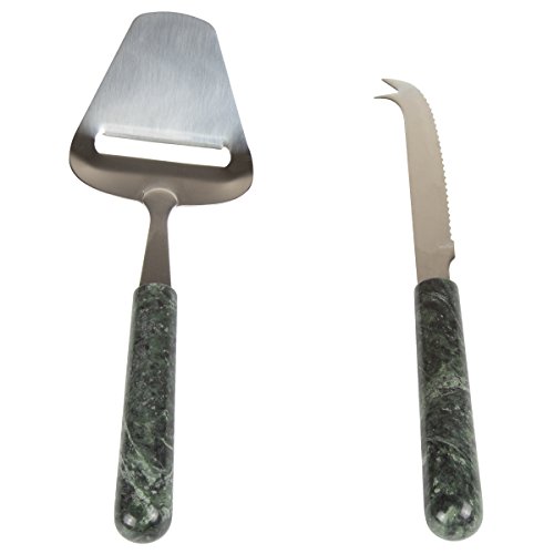 Creative Home Genuine Green Marble Stone 2 Piece Serving Set, Stainless Steel Cutter Slicer and Cheese Knife