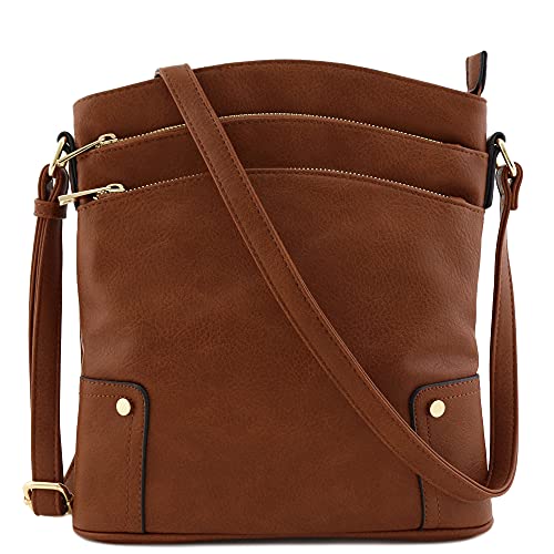 Triple Zip Pocket Large Crossbody Bag (Brown)