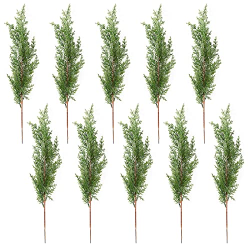 INIFLM 10Pcs Artificial Cypress Branches,16.5in Faux Long Stem Cedar Sprigs Fake Greenery Pine Picks for DIY Garland Wreath Christmas Embellishing and Home Garden Decoration, Green
