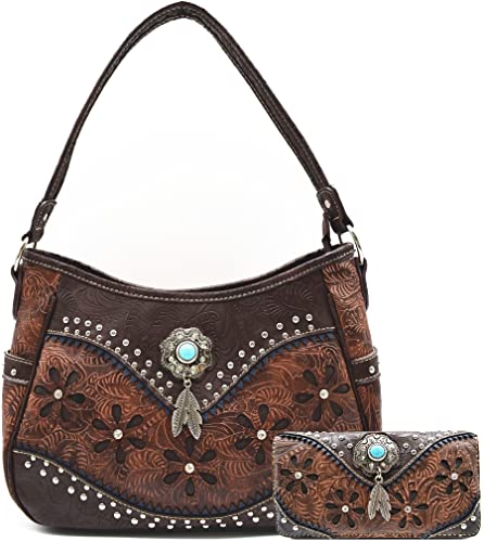 Tooled Leather Laser Cut Concealed Carry Purses Feather Country Western Handbags Shoulder Bags Wallet Set (Coffee 2)