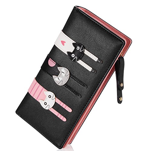 Women’s Wallet Cute Cat Wallet Coin Purse Bifold Long Purse with Zipper Black | The Storepaperoomates Retail Market - Fast Affordable Shopping