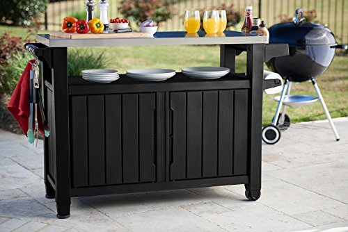 Keter Unity XL Portable Outdoor Table and Storage Cabinet with Hooks for Grill Accessories-Stainless Steel Top for Patio Kitchen Island or Bar Cart, Dark Grey | The Storepaperoomates Retail Market - Fast Affordable Shopping
