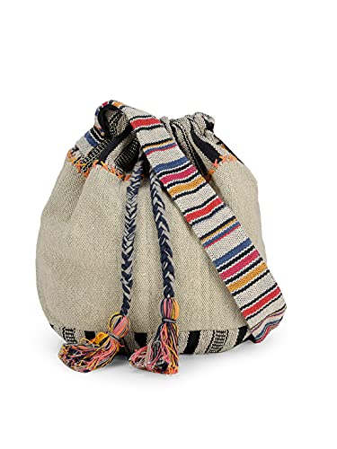 The House of Tara Grey Multicolour Handloom Fabric Crossbody Sling Shopping Bag with Tassels and Boho Ethnic Design for Women