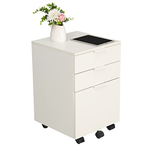 JJS 3 Drawer Rolling Wood File Cabinet with Locking Wheels, Home Office Portable Vertical Mobile Wooden Storage Filing Cabinet for Letter Size, White