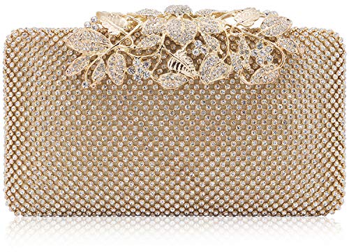 Womens Evening Bag with Flower Closure Rhinestone Crystal Clutch Purse for Wedding Party Gold