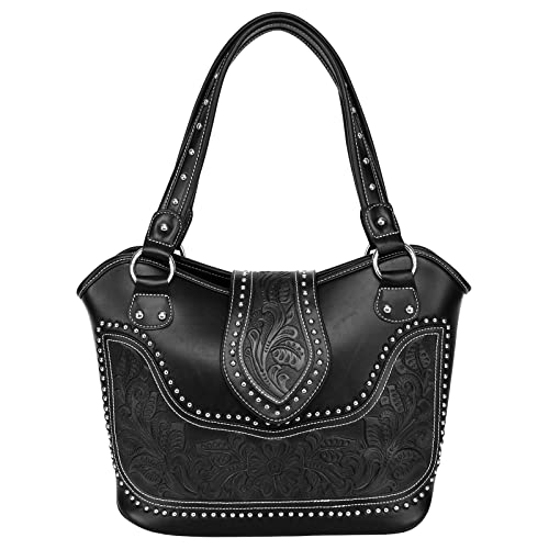 Montana West Ladies Concealed Gun Handbag Tooled Genuine Leather Black, Large