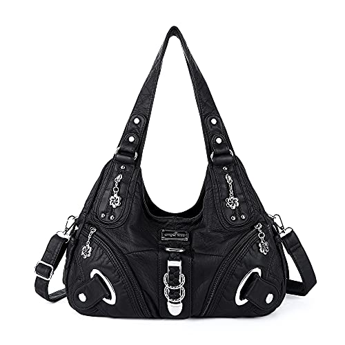 Angelkiss Women Multiple Pockets Purses and Handbags Washed Leather, Two Top Zippers Closure, Black
