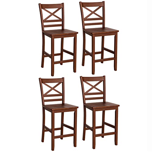COSTWAY Bar Stools Set of 4, 25” Antique Kitchen Counter Height Chairs with Wooden X-Shaped Backrest & Rubber Wood Legs, Suitable for Home, Cafe Store, Restaurant (4)