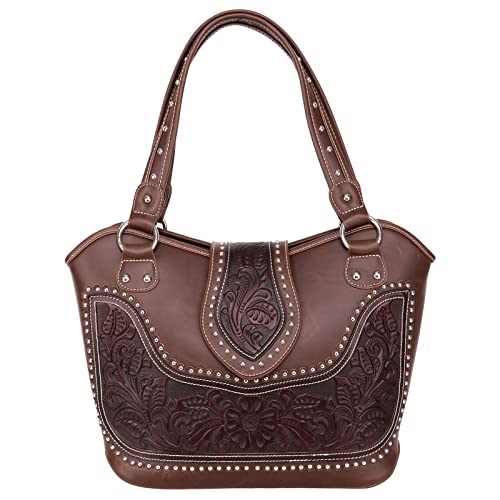Montana West Ladies Concealed Gun Handbag Tooled Genuine Leather Dark Brown Medium